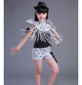 Silver black patchwork glitter sequins paillette modern dance boys girls kids jazz hip hop singers dance outfits costumes