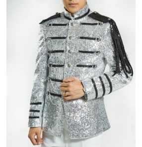 Silver blazer for men sequin glittering concert singers jazz jacket men stage costumes slim fit party suits men sequin blazer