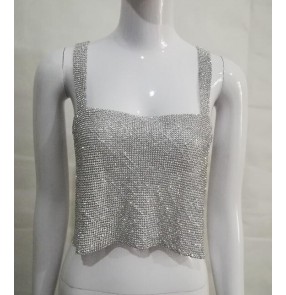 Silver gold rhinestones paillette suspender shoulder sexy women's ladies singers pole jazz night club performance tops tanks