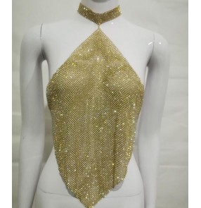 Silver gold rhinestones women's ladies halter neck backless competition performance night club jazz ds dj singers vests tops