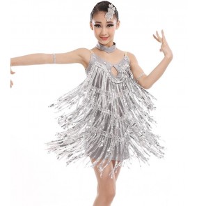 Silver gray royal blue rhinestones paillette fringes competition girls kids children performance latin dance dresses