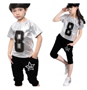 Silver leather black fashion sports boys kids girls modern dance school competition hip hop jazz singers outfits