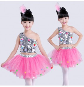 Silver light pink patchwork sequins glitter boys girls modern dance school competition dancers performance jazz dancing outfits