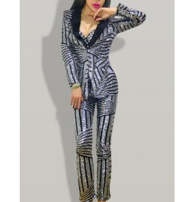 Silver paillette striped pattern women's ladies fashion sexy singers dancers solo performance dj night club performance outfits