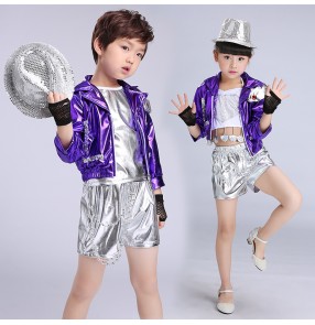 Silver purple violet patchwork leather girls boys modern street dance drummer dancing hip hop jazz performance outfits