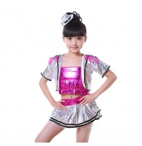 Silver sequins hot pink glitter patchwork girls modern dance jazz singers dancers hip hop dance outfits dresses