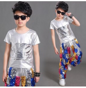 Silver sequins rainbow plaid patchwork boys kids children hip hop jazz singers performance dance outfits tops and pants