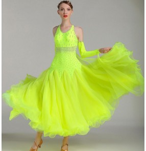 standard ballroom dress ballroom dance green yellow coral fuchsia rhinestones competition dresses waltz dress costume danse flamenco Dresses