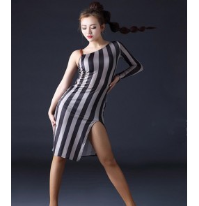 Striped black one shoulder sexy fashion women's ladies competition performance latin salsa cha cha dance dresses