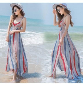 Striped floral printed chiffon ruffles short sleeves v  neck women's fashion summer  long length maxi Aline Maxi dresses vestidos