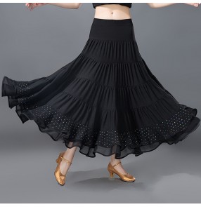 Swing black plated Latin Ballroom Dance Skirt Square Dancing Rhinestones skirts long length Modern Social Dance National Standard Waltz Skirt 