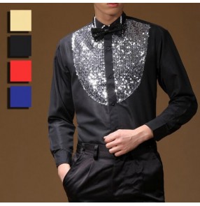 Trendy Black red royal blue Stage Performance Sequins Shirt Long Sleeve Ballroom Dance Costumes Men Shirt Latin Modern Dance Clothing