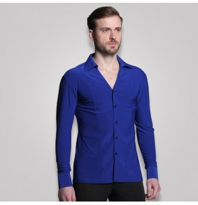 Trendy royal blue white Stage Performance v neck Shirt Long Sleeve Ballroom Dance Costumes Men Shirt Latin Modern Dance Clothing