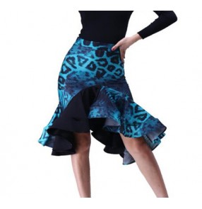 Turquoise blue leopard printed ruffles irregular hem skirts women's ladies competition performance latin salsa dance skirts