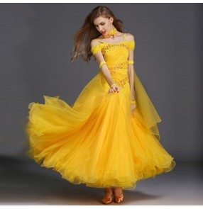 Turquoise blue yellow red white green royal blue rhinestones women's competition performance waltz tango ballroom dance dresses