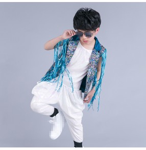 Turquoise colorful sequins glitter fashion fringes boys kids children competition jazz hip hop performance waistcoats vests