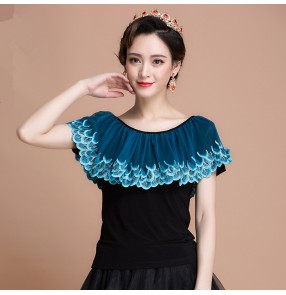 Turquoise leopard black patchwork slash neck fashion sexy women's ladies latin ballroom waltz cha cha dance tops blouses shirts