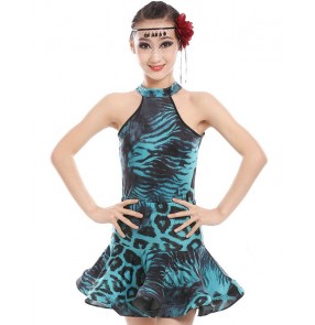 Turquoise leopard blue printed fashion girls kids children performance latin salsa dance dresses outfits costumes