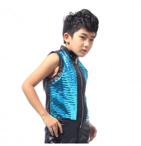 Turquoise red fuchsia sequins leather black patchwork boys kids children performance competition drummer jazz singers vests tops