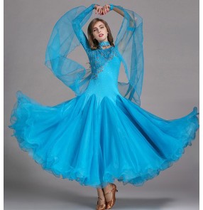 Turquoise royal blue yellow green purple red pink one sleeves lace diamond competition women's tango ballroom dance dresses