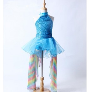 Turquoise sequins rainbow colored butterfly sheer sleeves competition professional girls kids tutu skirt ballet dance dresses