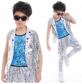 Turquoise silver sequins 3in1 patchwork fashion boys kids children competition drummer performance hip hop jazz singers dance outfits