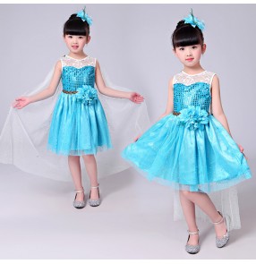 Turquoise white lace patchwork princess girls performance jazz singers dancers dancing dresses outfits