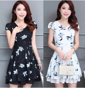 Vintage fashion printed floral pattern women's ladies female long length short sleeves summer dresses vestidos