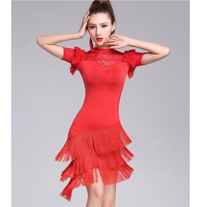 Violet black red royal blue women ladies Latin dance dresses costume short sleeves tassel latin dance dress for women latin dance costumes