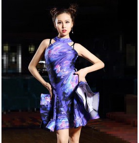 Violet peacock floral black Sexy Latin Dance Dress Women Girls Polyester Salsa Samba Tango Ballroom Competition Costume Lady Dance 