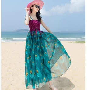 Violet purple blue green fuchsia hot pink v neck short sleeves  women's girls chiffon material A line floral beach maxi dresses