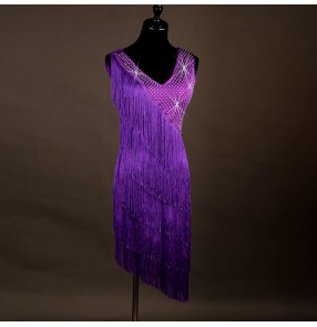 Violet purple layers fringes rhinestones competition women's ladies professional latin salsa dance dresses costumes
