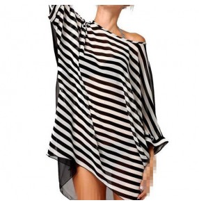 White and black striped hollow back front patchwork tank sleeveless women's girls side split sexy fashion A line dresses vestidos