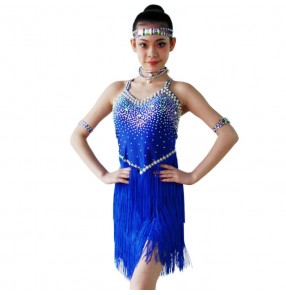 White black red fuchsia turquoise royal blue fringes rhinestones competition girls latin salsa cha cha dance dresses