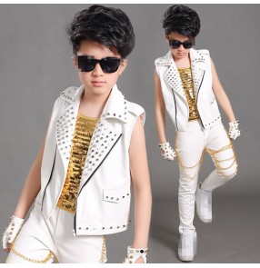 White color rivet patent leather lapel motorcycle fashion boys kids toddlers drummer jazz singers performance waistcoat and pants