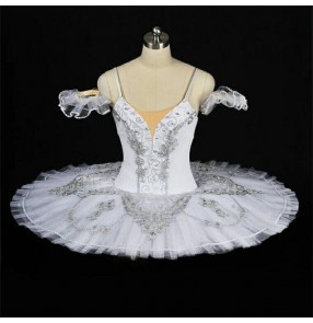 White embroidery classical women's ladies professional rehearsal pancake plate tutu skirt ballet dance dresses costumes