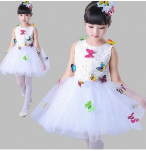 White lace with butterfly pattern girls kids children fairy modern ballet jazz singers princess chorus performance dresses 