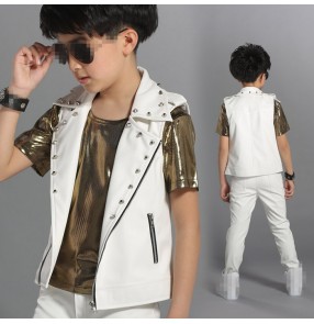 White lapel collar rivet leather motor cycle boys kids children school play stage performance sleeveless hip hop drummers players competition jazz dance vest waistcoat tops jacket