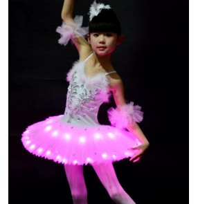 White led glitter shiny stage performance girls tutu kids children leotards skirt professional ballet dance dress costumes