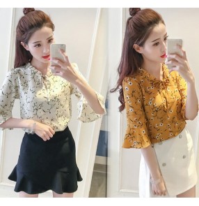 White rose flower apricot  flowers printed chiffon girls women's fashion ruffles  neck summer blouses tops 