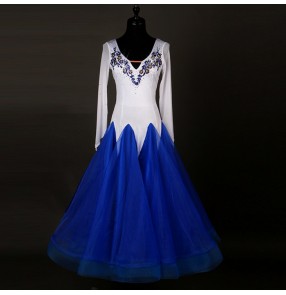 White  royal blue embroidery pattern long sleeves big skirted women's ladies competition performance waltz ballroom dance dresses