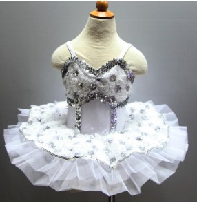 White sequins girls kids children swan lake performance competition tutu skirt skating ballet dance leotards dresses outfits