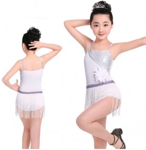  White silver  sequins paillette girls kids children performance competition latin salsa skating dance fringes dresses