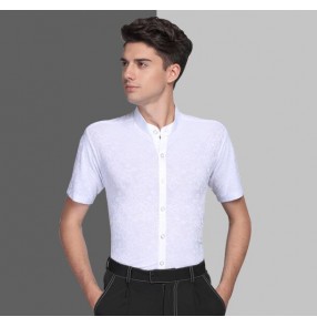 White stand collar floral embossing short sleeves competition performance men's male ballroom latin dance shirts tops