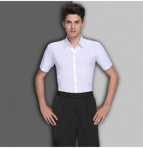 White striped down collar short sleeves competition performance men's male latin ballroom dance tops shirts