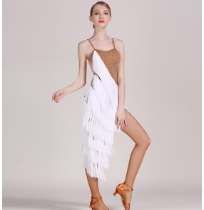 White tassels flesh skin colored patchwork luxury rhinestones women's ladies female competition professional latin samba salsa cha cha rumba dance layers irregular hem  tassels dresses 