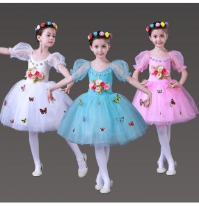 White turquoise light pink rose flowers girls Fairy angel modern ballet tutu jazz singers solo performance dresses outfits