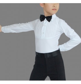 White with black bow tie boys kids children school competition performance latin ballroom tango dance tops leotards shirts