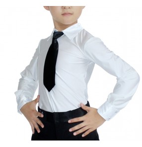 White with black neck tie boys children kids competition performance ballroom latin salsa dance leotards tops shirts