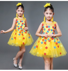 White yellow green royal blue flowers modern dance girls kids children performance flower girls chorus dancing dresses